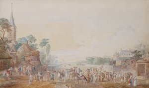 The Duke of Penthievre with Benjamin Franklin on his right side attending a review of his volunteer regiment next to his chateau at Rambouillet