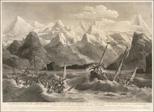 1786 engraving of a shipwreck of two small boats that were part of the La Perouse Expedition by Louis Philippe Crepin
