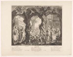 Landscape with Three Scenes of a Young Woman Buying, Wearing, and Selling a Medallion by Louis Truchy