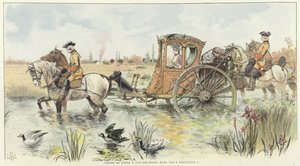 A woman riding in a horse-drawn carriage as it travels through a river by Louis Vallet