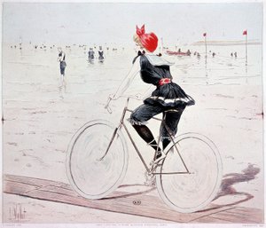 Woman on a bike on the beach - drawing by L. Vallet