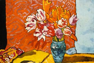 Blue Vase, Tulips and Drapery