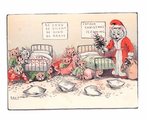 Kittens Cowering in Fear at the Sight of a Cat Dressed as Father Christmas, c.1880 by Louis Wain