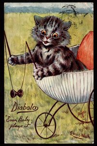 Even Baby Plays It. Animals in Human Posture. Kitten Playing with a Diabolo in its Cradle. Postcard. Chromolithograph by Louis Wain (1860-1939), English artist known for his representation of cats with large eyes. Early 20th century. by Louis Wain