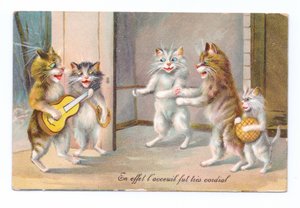 Cat Playing a Guitar with Three Other Cats and a Kitten, c.1910 by Louis Wain