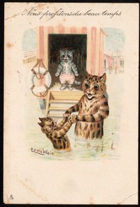 We enjoy the good weather. Animals in human posture. Sea bathing of cats on vacation. Postcard. Chromolithograph by Louis Wain, early 20th century. Private collection