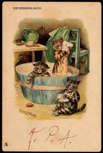 The Morning Bath. Animals in Human Posture. Cats Taking a Bath in a Basin. Postcard. Chromolithograph by Louis Wain (1860-1939), English artist known for his representation of cats with large eyes. Early 20th century.
