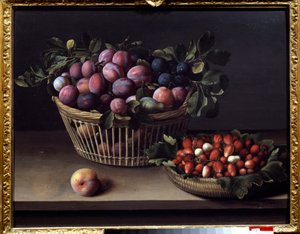 A Peach, Strawberries and a Basket of Fruit. Painting by Louise Moillon (1610-1696) by Louise Moillon