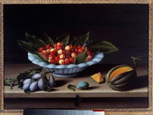 Cup of cherries, plums and melon by Louise Moillon