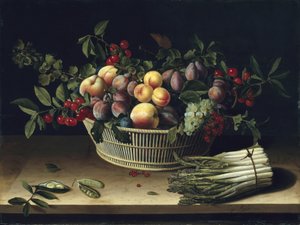 Still Life with a Basket of Fruit and a Bunch of Asparagus by Louise Moillon