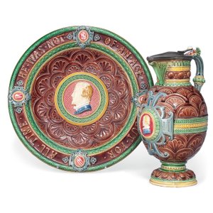 A Minton majolica ewer and stand