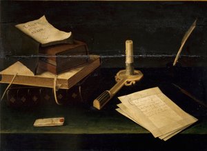 Still Life of Books, Feather, Letter and Candle