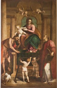 Genoa, Duomo (St Lawrence Cathedral), inside, Baptistery (formerly Church of St John the Old): Madonna and Child between St John the Baptist and St Lawrence