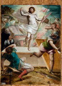 Resurrection, Jesus Holds a Stick Cross at the End of Which Floats a Standard Mark of a Red Cross by Luca Cambiaso