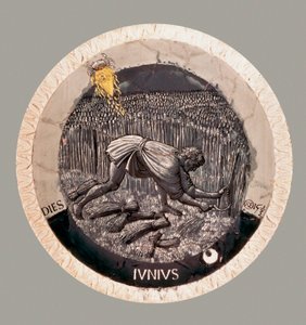 June: a peasant harvesting the wheat. Terracotta by Luca della Robbia by Luca Della Robbia