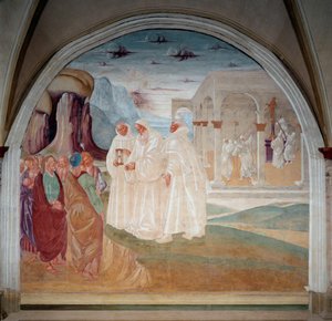 Saint Benedict evangelized the inhabitants of Monte Cassino, in the background the monks shoot down a statue of Apollo