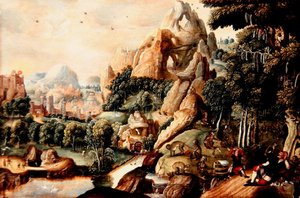 A Landscape with Monkeys and Humans and Mythical City Beyond by Lucas (circle of) Gassel
