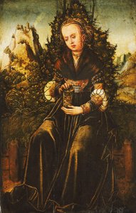 Saint Mary Magdalen seated on a Grassy Verge in a Mountainous Landscape