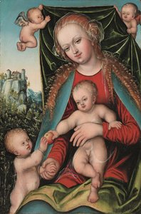 The Holy Virgin and Child with the Infant Saint John the Baptist and Angels, a Forest Landscape with a Clifftop Fortress Beyond
