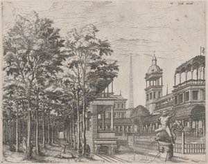 Landscape with Trees, Two Deer, and a Palace Courtyard by Lucas van Doetechum and Johannes