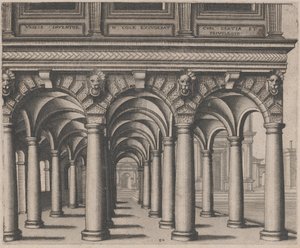 Open Hall Supported by Tuscan Columns with a Town Square on the Right by Lucas van Doetechum and Johannes