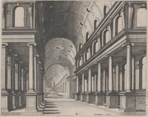 View into a Church with Ionic Columns and a Choir with a Statue by Lucas van Doetechum and Johannes
