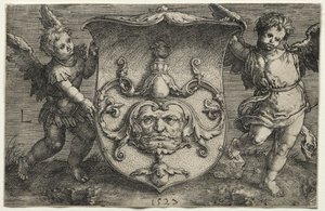 A Shield Bearing a Mask Supported by Two Genii by Lucas van Leyden