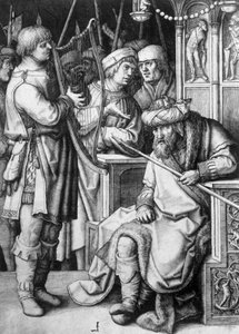 David playing harp before King Saul, circa 1508, engraving