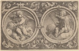 Two Cupids Seated on Clouds in Two Circles by Lucas van Leyden