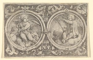 Two Putti Seated in Clouds in Circles with Tendrils by Lucas van Leyden