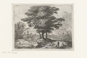 Three Trees, a Shepherd with Sheep and a Dog