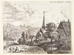 Village by a River, Three Figures in the Foreground by Lucas van Uden