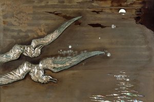 A metal lacquer panel with applied silver sea gulls, c.1900 by Lucien Gaillard