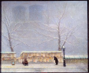 Notre Dame seen from the left bank in snowy weather by Lucien Levy Dhurmer