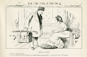 Illustration in Le Rire, 24/08/12 - Return from Russia - Anticlericalism, Russia, President of the Republic, Hats, Official Visit - Marianne, Poincare Raymond (engraving) by Lucien Metivet