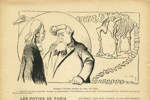 Illustration in Le Rire, 27/06/08 - Disregard for the Head of State - President of the Republic, Dinosaur, Paleontology - Fallieres Armand, Dinosaur, Diplodocus (engraving)
