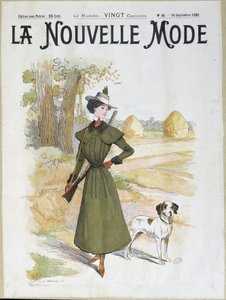 Woman in hunting attire wearing a rifle - in La Nouvelle Mode from Sept. 1898 by Lucien Metivet