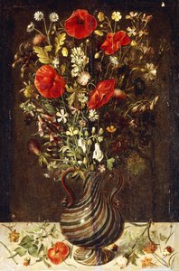 Poppies, Buttercups, Daisies, Cornflowers, Thistles and Other Wild Flowers in a Facon de Venise Filigrana Glass Vase, with Pansies, a Poppy and a Dead-Nettle on a Stone Ledge