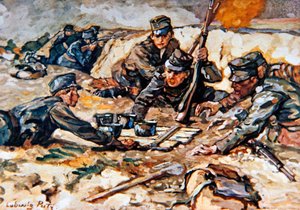 Bringing rations to the Austrian trenches under fire from Russian artillery