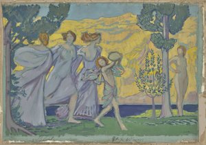 Three Dancing Girls and Tambourine Player by Ludwig von Hofmann