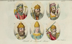 Rurik, Igor of Kiev, Olga, Sviatoslav, Vladimir the Great, Ivan IV from Il costume antico by Giulio Ferrario by Luigi Giarrè