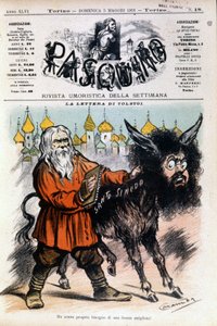 Caricature on Tolstoy by Luigi Sapelli Caramba concerning the letter sent by Tolstoy to the Holy See. Cover of Pasquino on 05/05/1901