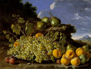 Still life with plate of grapes, peaches, pears and plums in a landscape