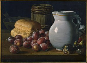 Still Life with Plums, Figs, Bread, Barrel, Jug and Other Vessels