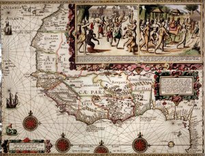 Geographic map of Guinea, approximately 1586. Representation of a dance scene among the indigenous (Africans) at the top right. by Luis Teixeira