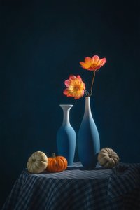 Autumn Dahlias Blue Vases