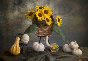 Autumn Sunflowers and Gourds