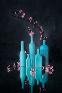 Blue Vases Pink Blossoms