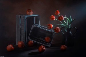 Dark Floral Fruit Still Life by Lydia Jacobs