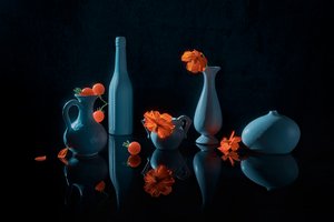 Orange Flowers Blue Vases